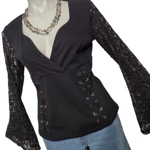 Venus Gothic Bell Sleeve Corset Top Size Large Black Lace